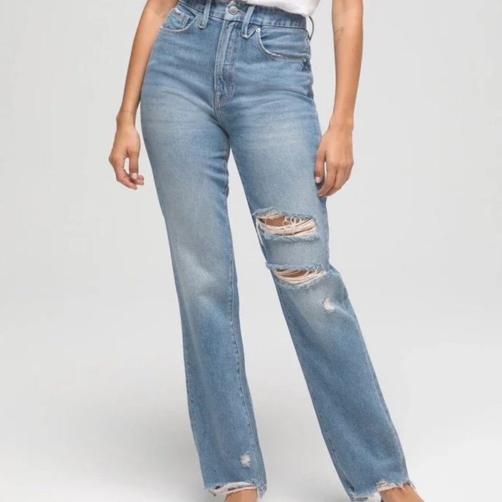 Good American Boyfriend Jeans Womens Size 4/27 Split Hem High Waist Button Fly